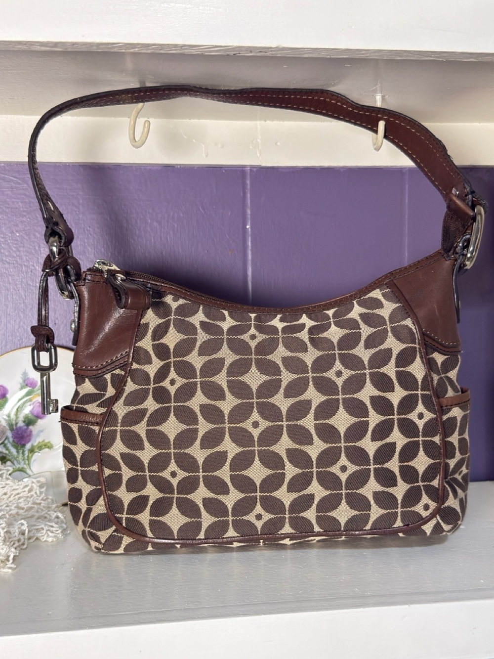 Vintage Fossil canvas geometric floral shoulder bag brown & tan Women’s purse